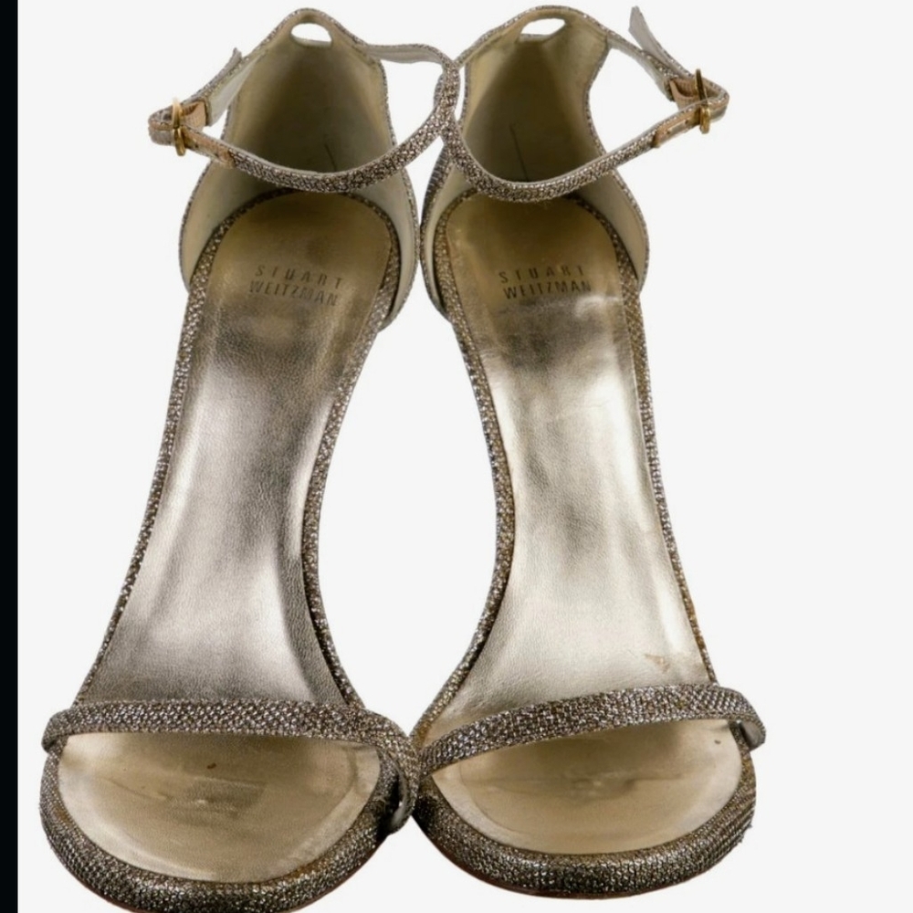 Stuart Weitzman Nudist Glitter Gold High Heels Sandals Size 10 1/2 US